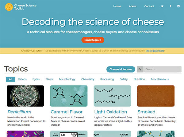 A screenshot of the Cheese Science Toolkit website, "Decoding the science of cheese" — a technical resource for cheesemongers, cheese buyers, and cheese connoisseurs