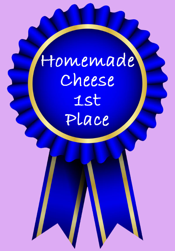 An animated blue ribbon with the phrase "Homemade Cheese 1st Place"